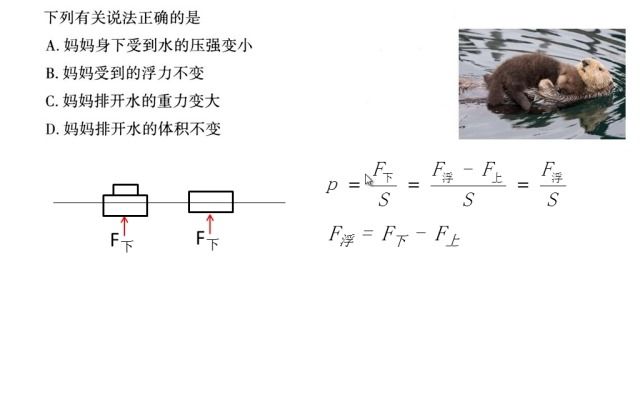 [图]浮力题（如图所示是海獭宝宝在妈妈身上睡觉的温馨画面，与妈妈独自漂浮在水面相比较，下列有关说法正确的是（）A.妈妈身下受到的水的压强变小 B.妈妈受到的浮力不变