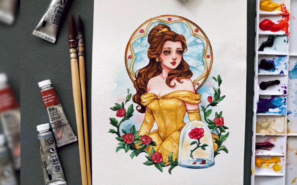 【水彩人物绘画】-《美女与野兽》贝儿公主_哔哩哔哩 (゜-゜)つロ