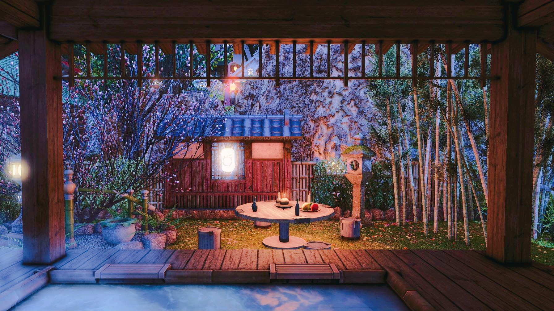 【ff14装修】传统日式温泉旅馆s房庭院-幽静雅致氛围感,电梯可上屋顶