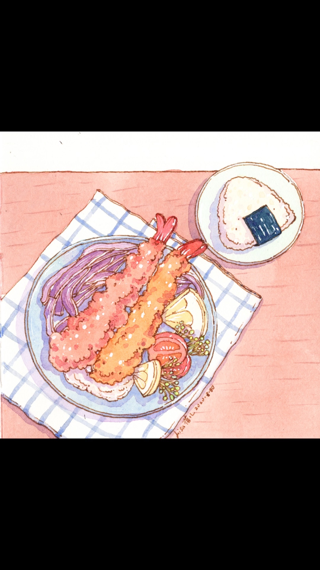 钢笔淡彩食物水彩过程天妇罗炸虾