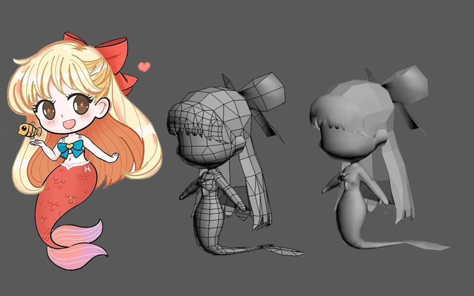 【3dmax建模】q版美人鱼模型制作,3d角色建模布线技巧讲解,零基础人物