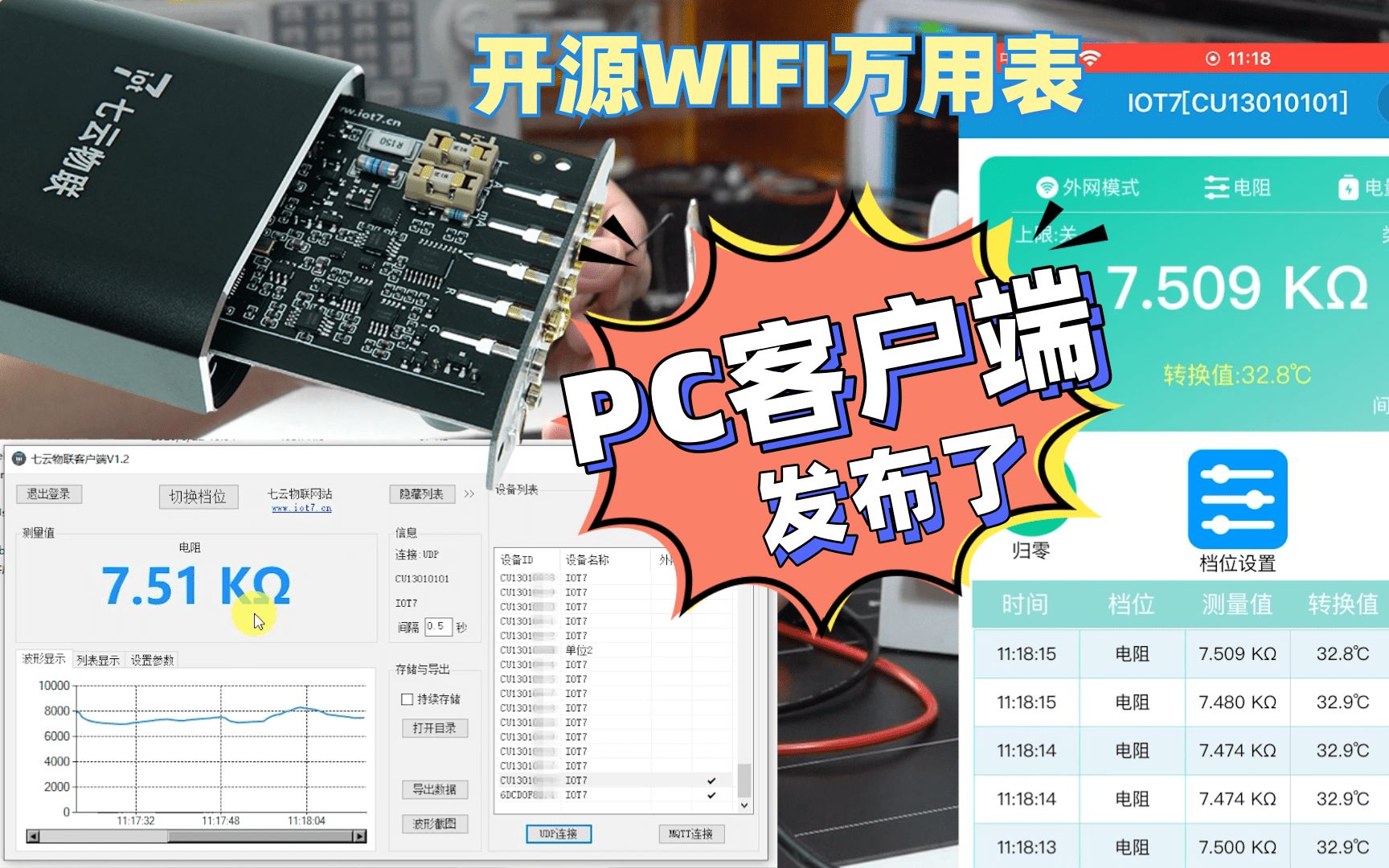 七云物联开源WIFI万用表电脑端软件发布,手机APP和电脑端同时远程监测万用表数据,电脑端软件可以波形显示哔哩哔哩bilibili