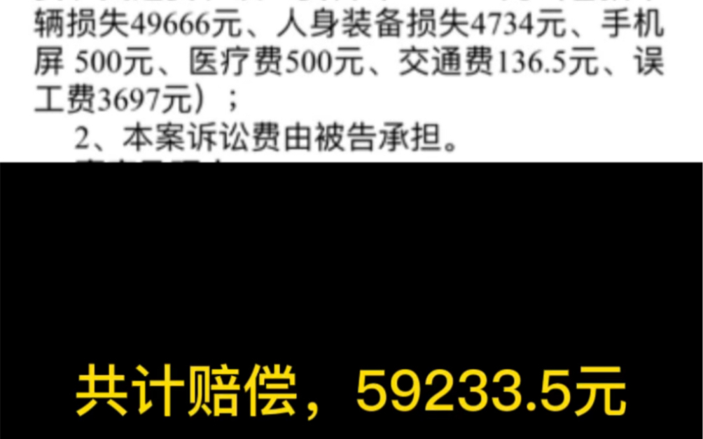 与骑摩托车的小姐姐发生碰撞,我直接起飞了、人车空中旋转360 度落地,交警已定对方全责,事后私了共计赔59233.5元对赔偿有异议到现在一直未能解决...