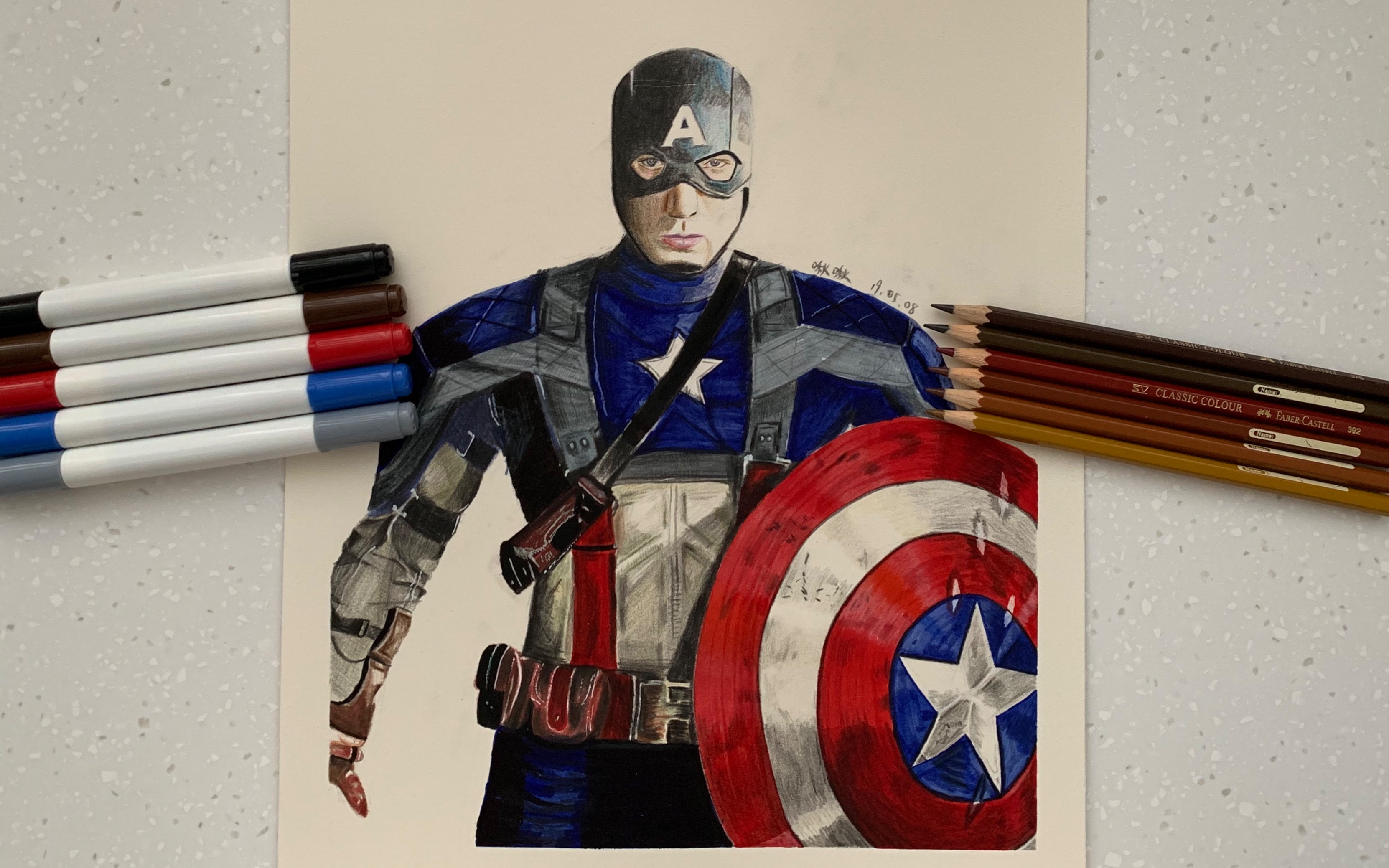 马克笔彩铅手绘复仇者联盟美国队长史蒂夫罗杰斯