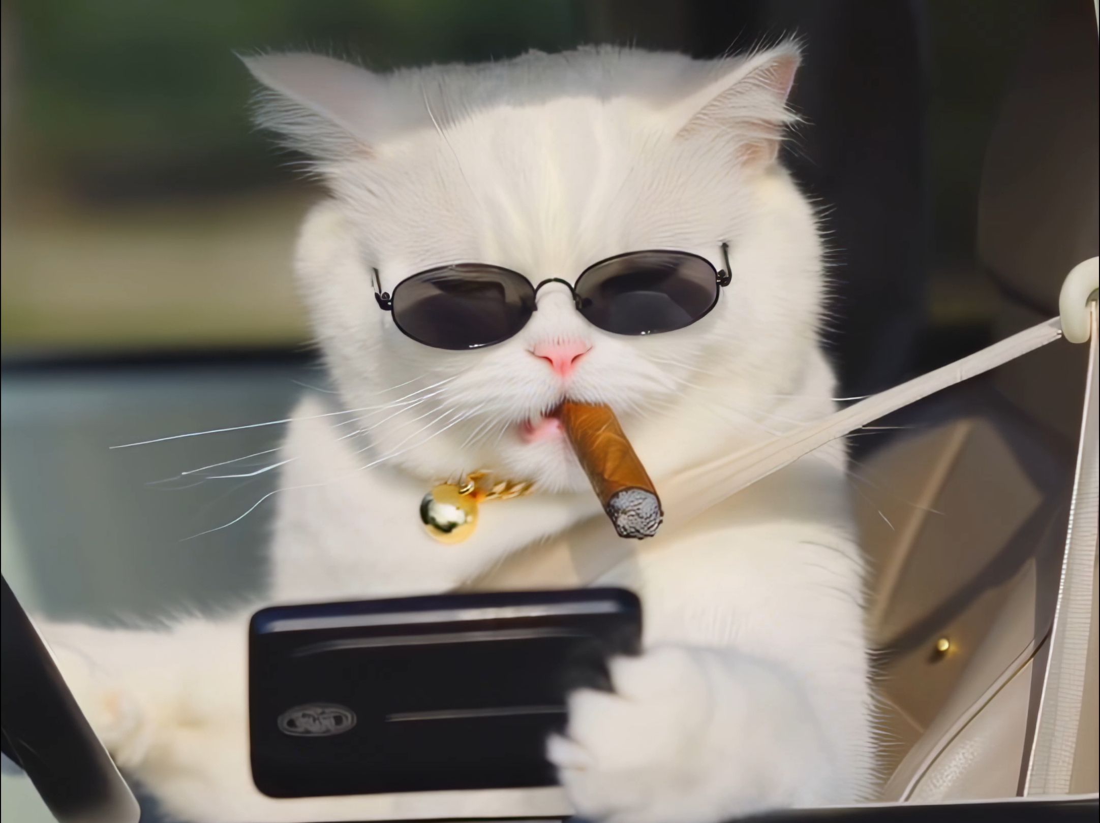 猫咪违章边看手机边开车