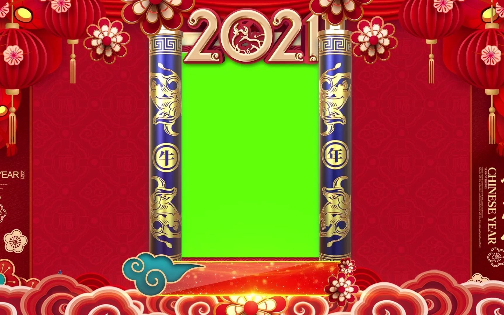 [图]【AE模板素材】2021新年牛年国潮中国风画轴展开春节拜年祝福视频框AE片头模板素材