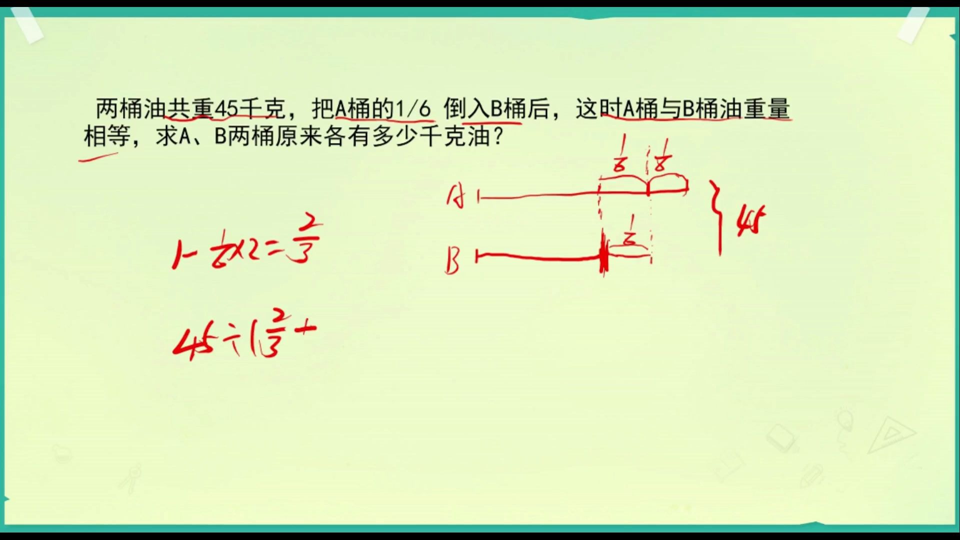 小升初:两桶油重45千克,A给B1/6后两者相等,求原各有多少哔哩哔哩bilibili