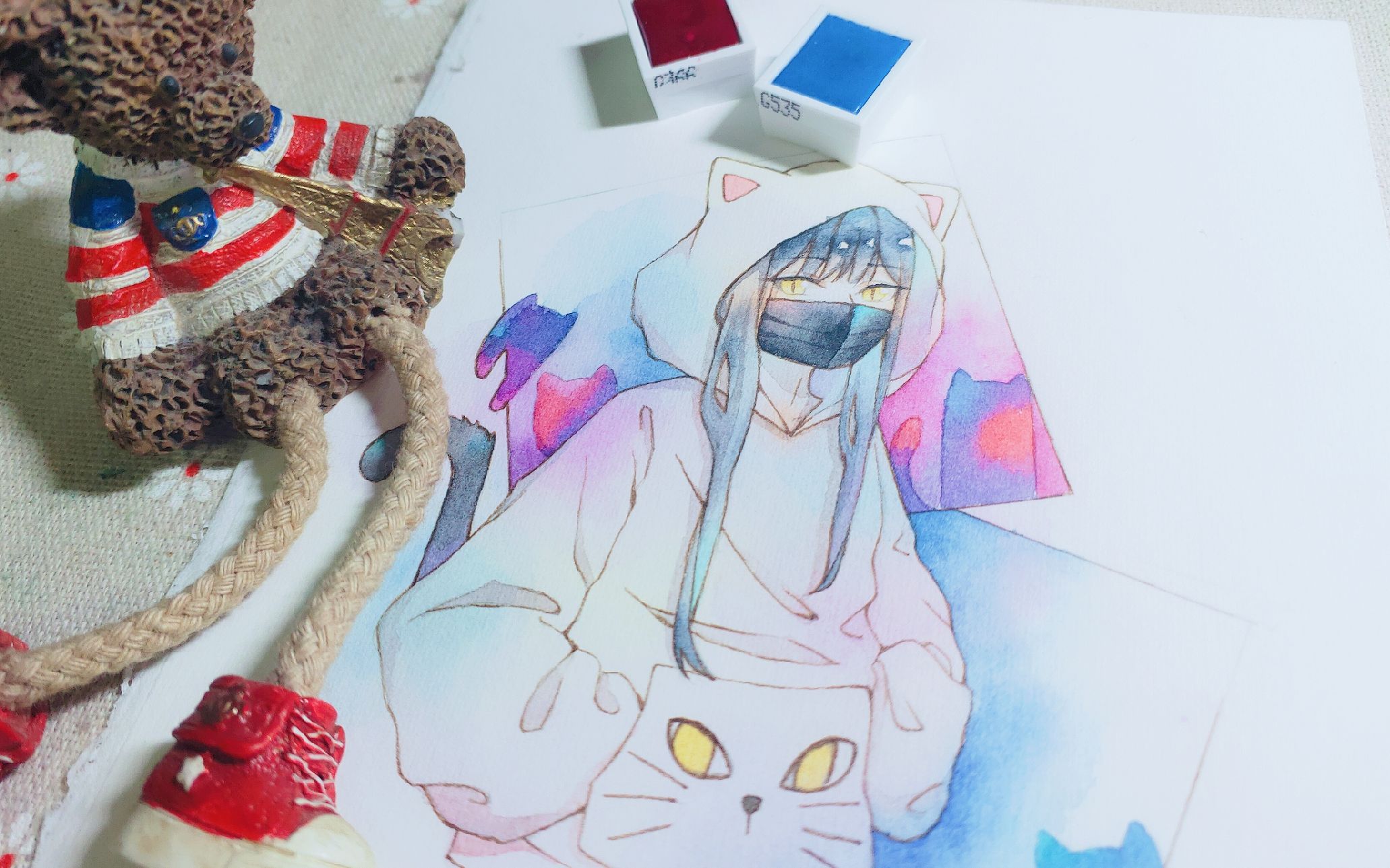 【水彩】出门要记得带好口罩哦~小猫咪也要!