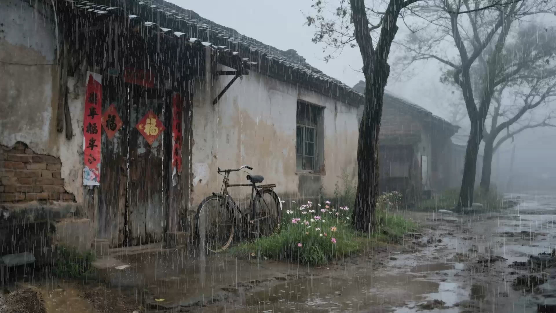 下了一夜的雨,清晨雾气蒙蒙的村庄,泥泞的泥巴路,老爸骑着二八大杠送你去学校,脚卡车条里了,爹站起来蹬,雨天氛围助眠,放松,学习 ...