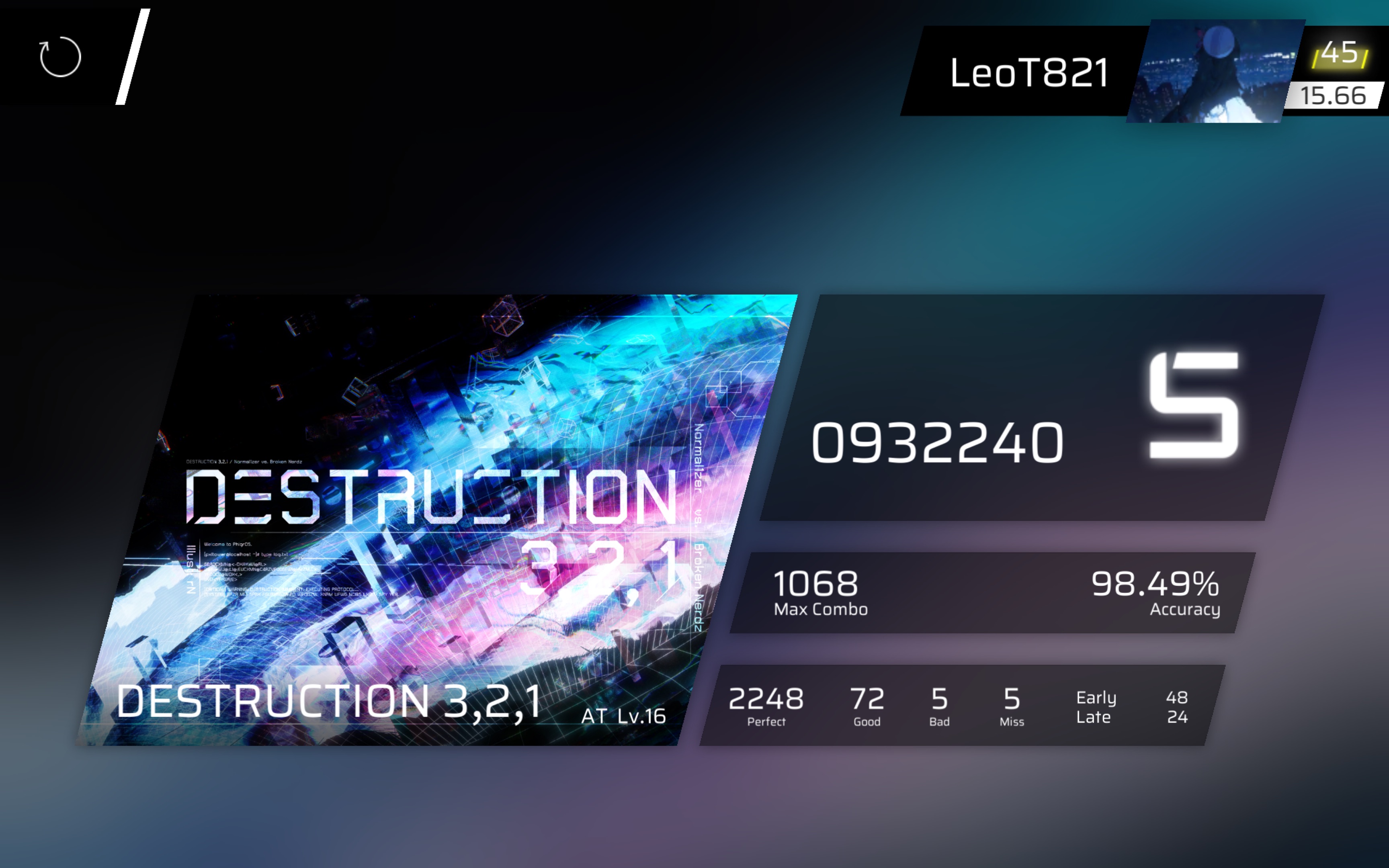 phigros魔王 destruction 3,2,1 at lv.16 acc 98.49 屏元