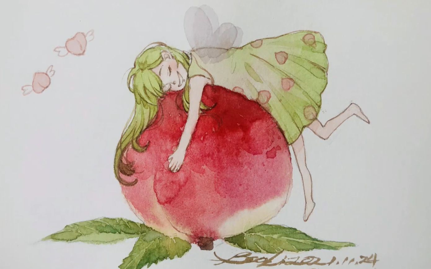 【水彩人物】可爱的人喜欢可爱的事物,桃子小精灵水彩插画,入门级别