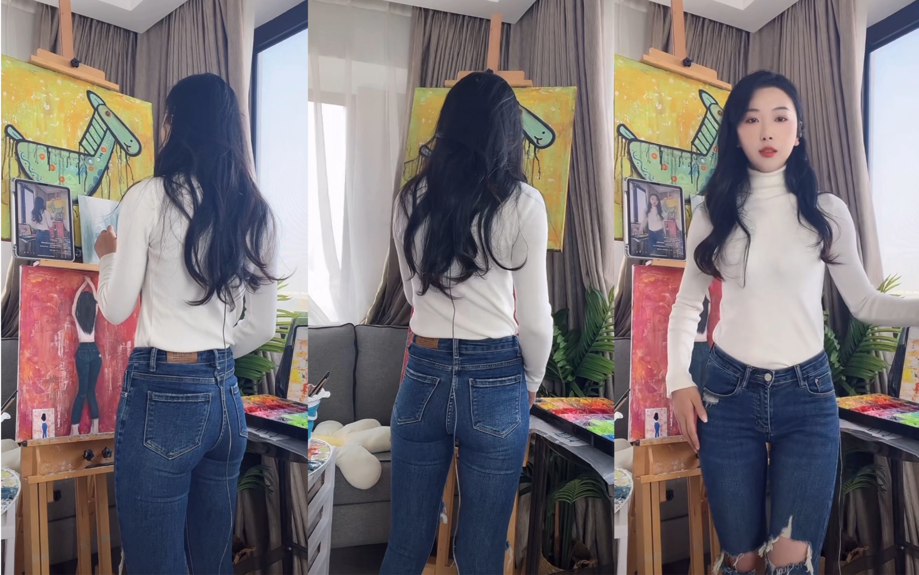 紧身牛仔裤美女画画