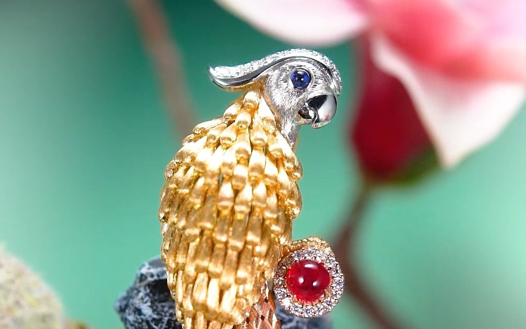 hx高定珠宝红宝石鹦鹉胸针