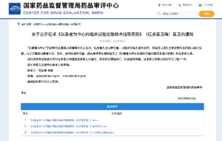 [图]2022年8月9日，药品审评中心CDE发布《以患者为中心的临床试验实施技术指导原则（征求意见稿）》