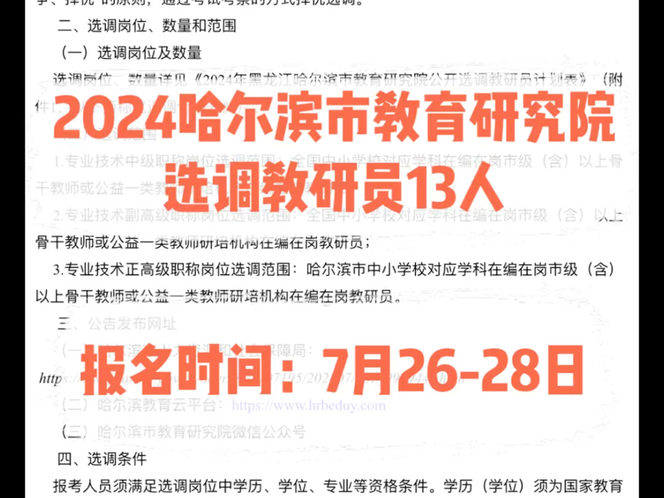 2024哈尔滨市教育研究院选调教研员13人.报名时间:7月2628日哔哩哔哩bilibili