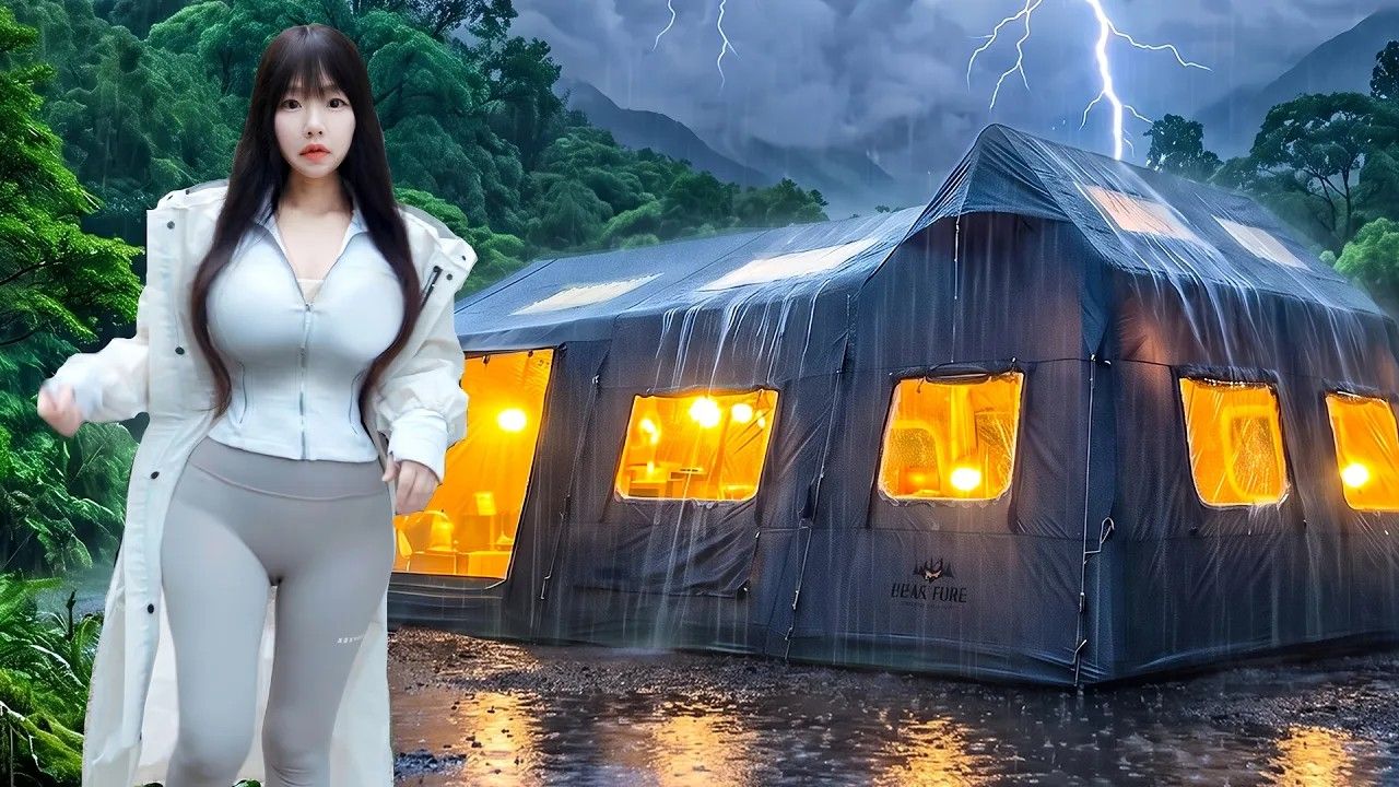☔⚡ 无间断暴雨中，住进豪华充气帐篷｜雨声 ASMR，女生一人豪华躲雨夜 ?️✨