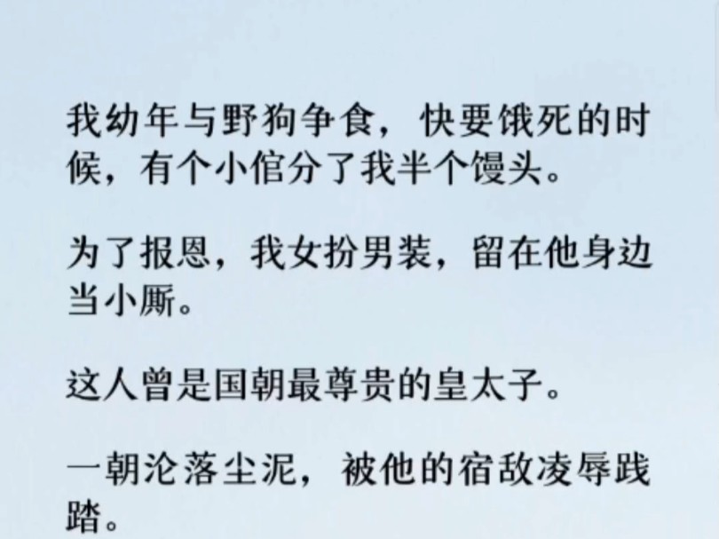 为了报恩,我女扮男装,留在他身边当小厮.这人曾是国朝最尊贵的皇太子.一朝沦落尘泥,被他的宿敌凌辱践踏.后来,他又成了人人惧怕的疯子皇帝....