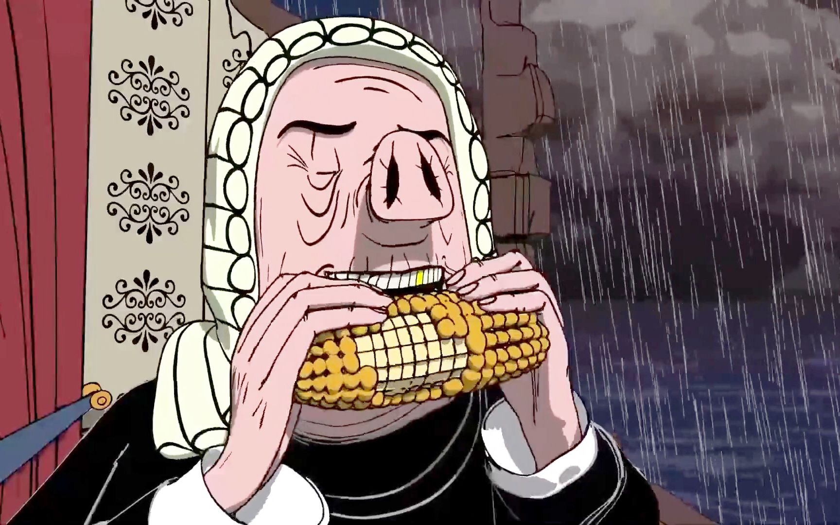 一部黑暗隐喻动画片,贪婪的猪头人被困在餐厅里,都快把房子吃了