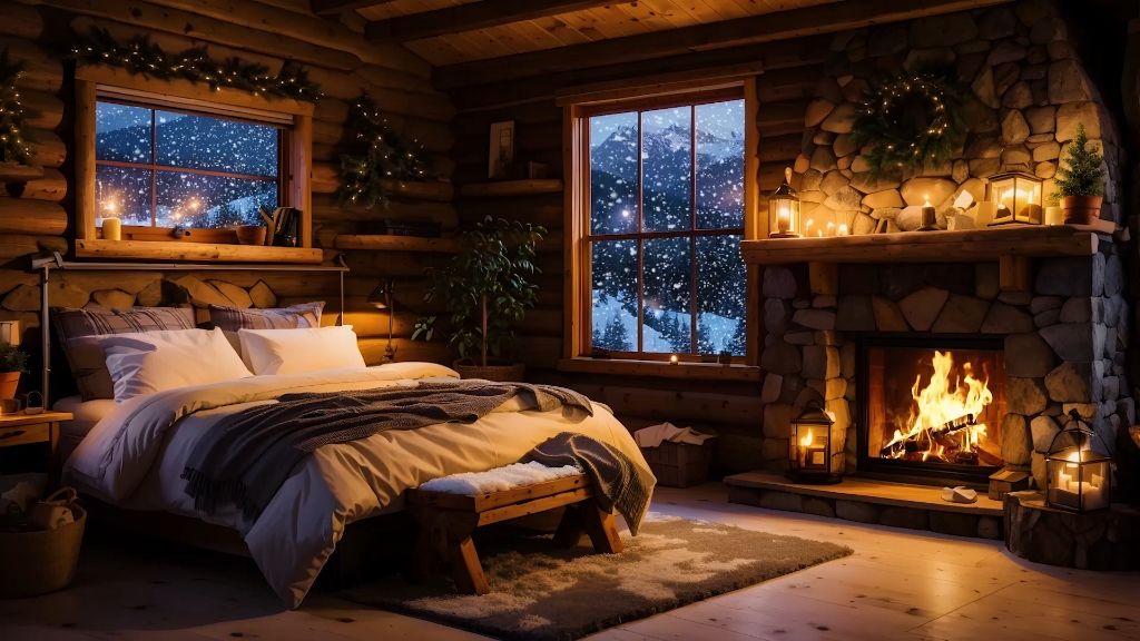 暴风雪温馨木屋氛围作响的柴火燃烧声可以助眠放松暴风雪asmr