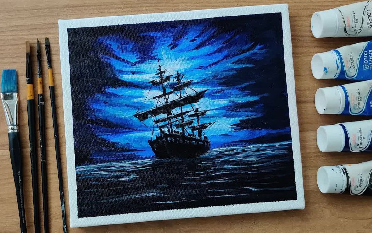 【丙烯画】【绘画教程】月光下的海盗船Pirate Ship Dramatic Clouds Moonlight Sail哔哩哔哩bilibili