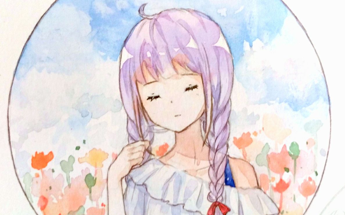 [水彩手绘][上色]原创 圆里的妹子第二期!!总觉得背景有一股内蒙古大草原的气息!!哔哩哔哩bilibili