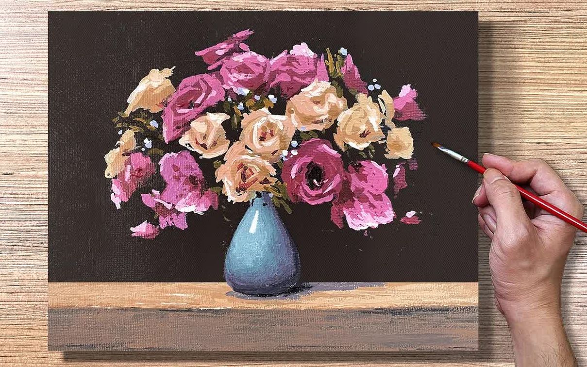 【丙烯画】【绘画教程】【中字】瓶中的玫瑰Acrylic Painting Roses on Vase哔哩哔哩bilibili