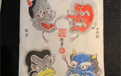 日式插画日本传统的妖怪面具绘制过程般若大天狗鸦天狗鬼