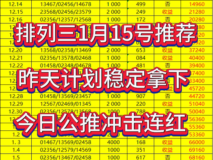 排列三1月15号推荐,昨天排列三计划稳定拿下,今天公推一期冲击连红!哔哩哔哩bilibili