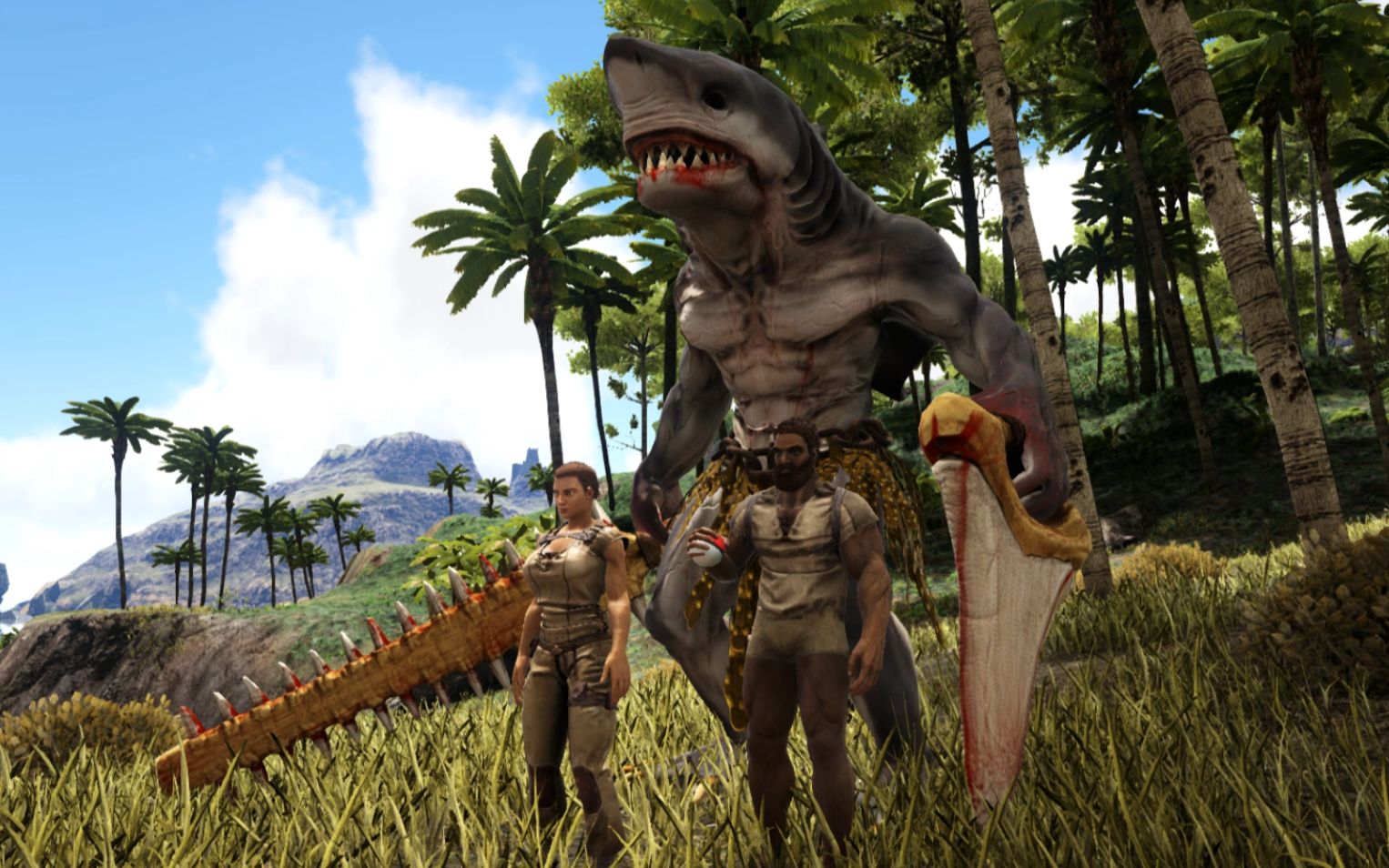 方舟生存进化-神话元素第2期 给燃烧姐抓了一只鲨鱼半兽人