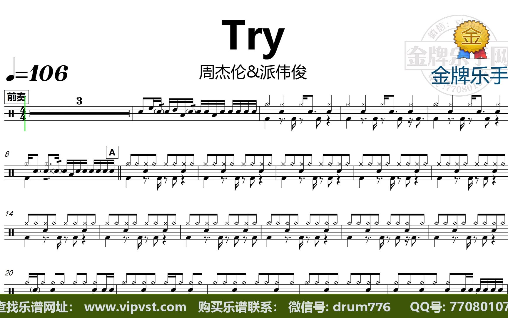 【金牌乐手】dt1704.周杰伦 派伟俊 - try 鼓谱 动态鼓谱 无鼓伴奏