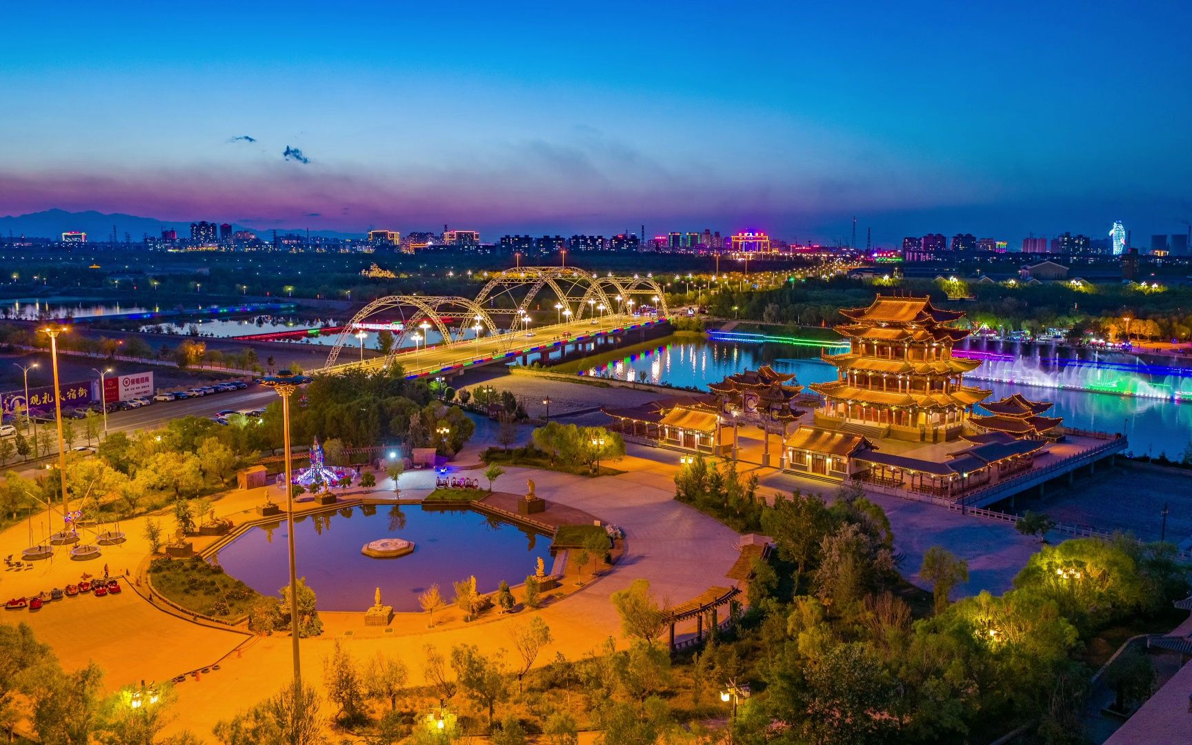 大疆悟3甘肃首飞-嘉峪关南湖音乐喷泉