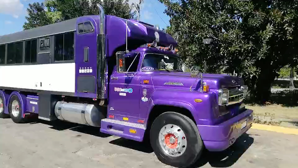 古巴改装福特客车 紫色车头车身很艳丽