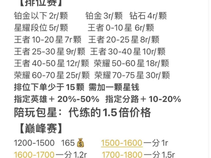 王者代练价格表s20图片