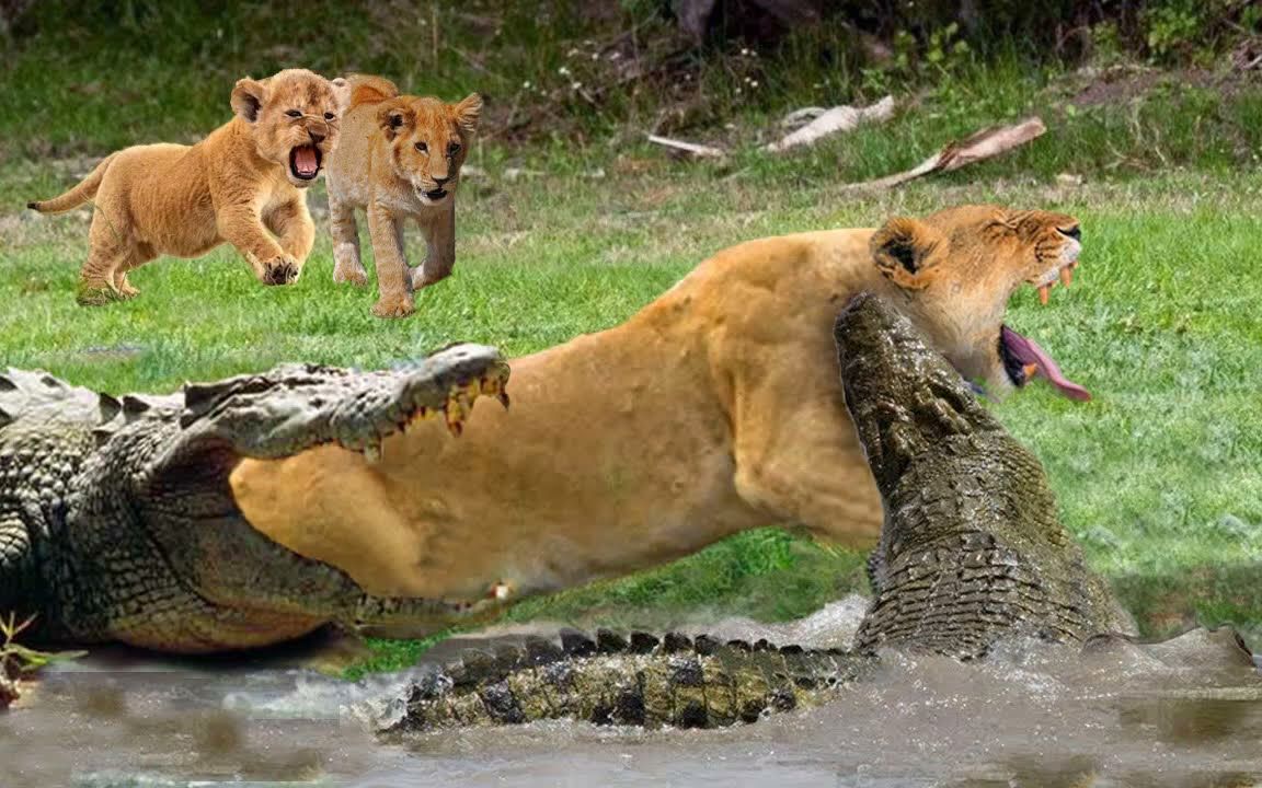 狮子大战鳄鱼图片