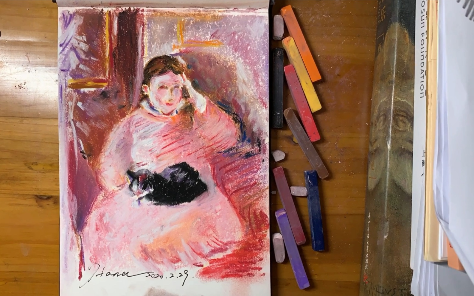 临摹马奈《女人与猫》-色粉画