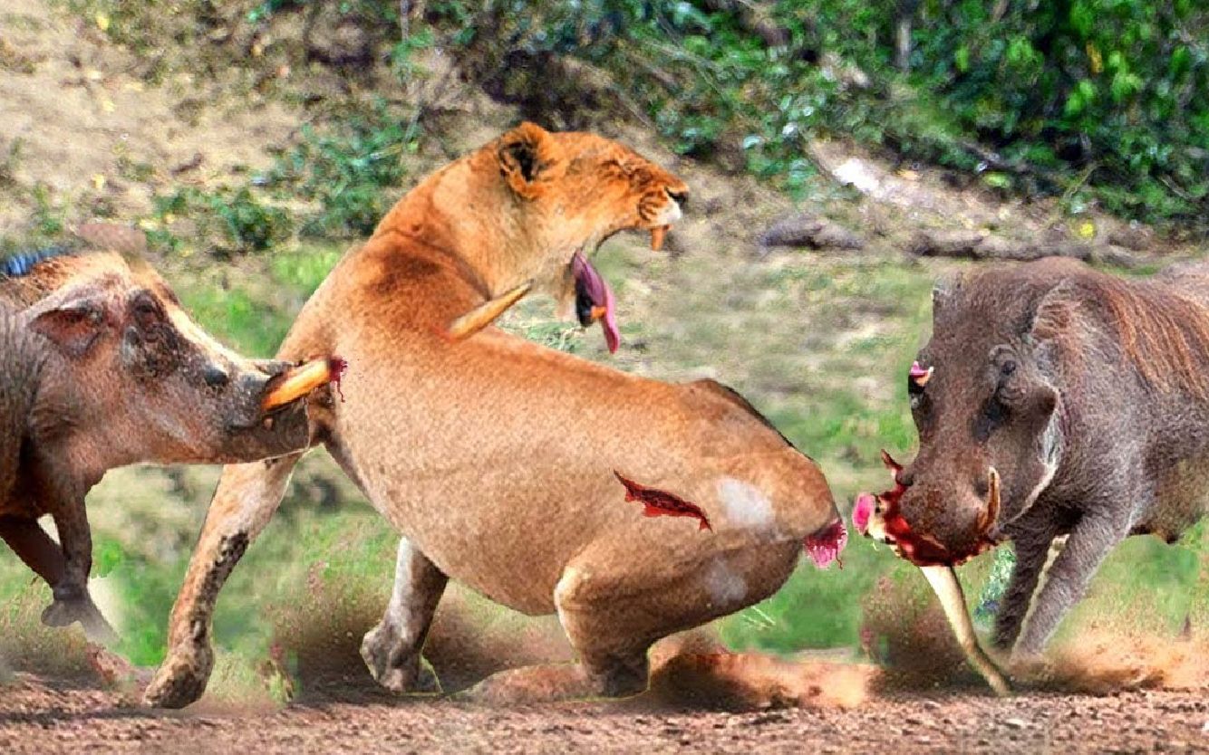 非洲野猪大战狮子图片