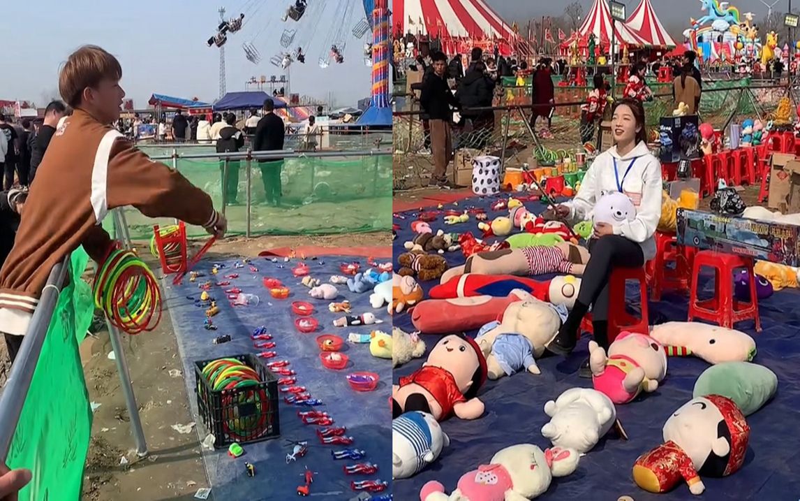 男生玩套圈想套中老板娘,不停进攻老板娘低头闪躲:换呼啦圈试试