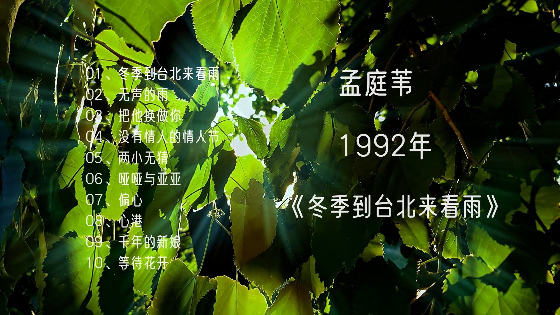 孟庭苇1992年专辑《冬季到台北来看雨》冬季到台北来看雨#无声的雨#把他换做你#没有情人的情人节#两小无猜#哑哑与亚亚#偏心#心港#千年的新娘#等待...