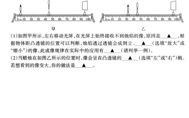 凸透镜成像题(如图甲所示是小华同学探究“凸透镜成像规律”的实验装置,已知凸透镜的焦距为15cm. (1)如图甲所示,左右移动光屏,在光屏上始终接收不...