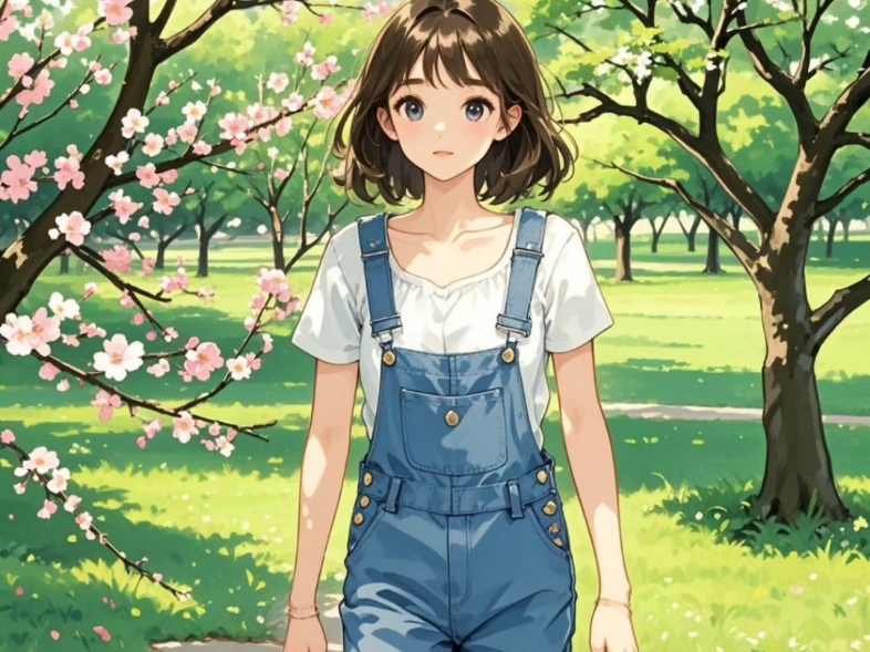 身穿背带裤女生在公园散步赏梅花