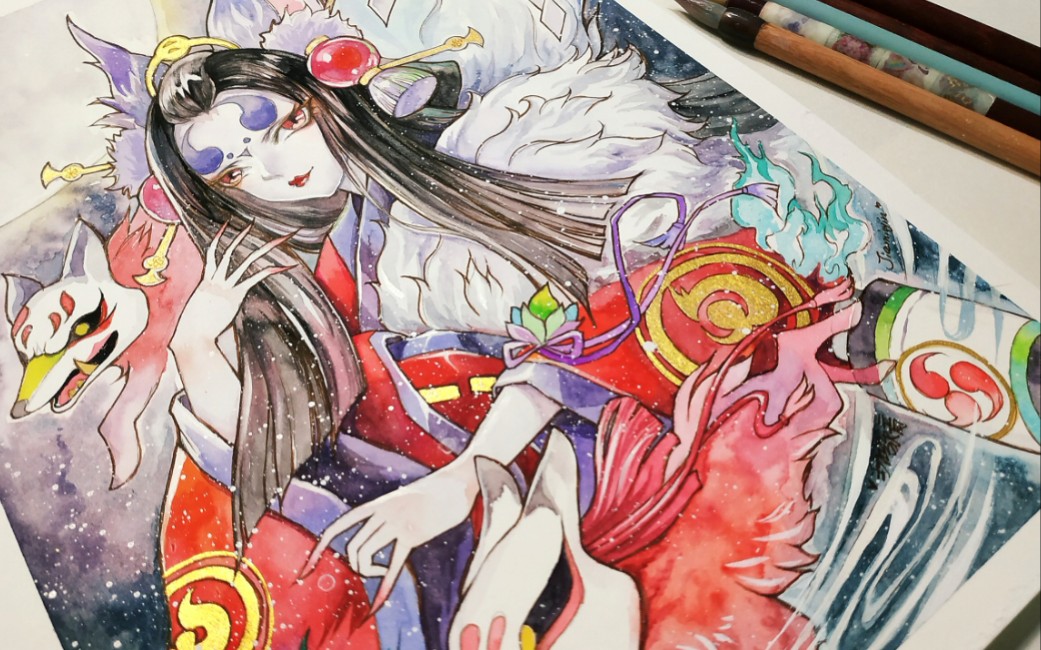 【水彩】女装大佬升级版sp烬天玉藻前!抽不到就自己画一个!hia~!