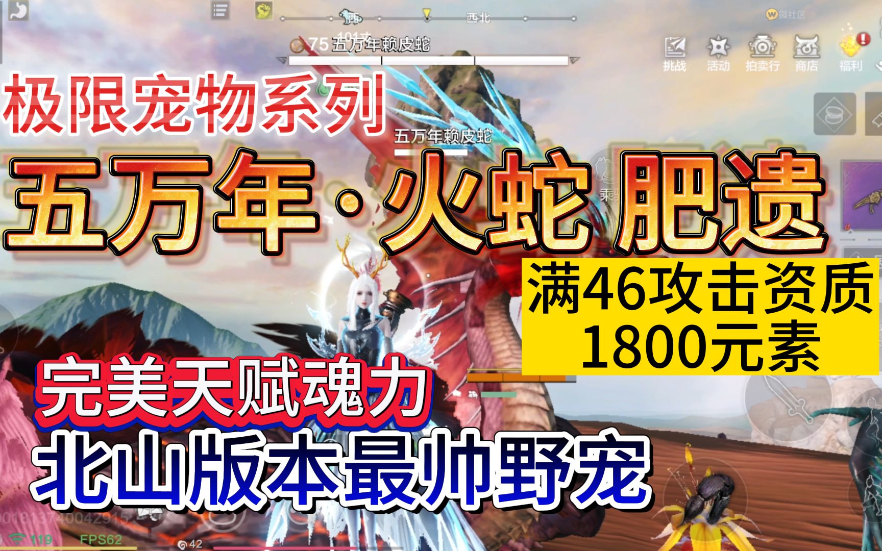 极限宠物系列之五万年ⷧ먛‡肥遗 满46攻击资质+1800元素 完美天赋魂力 北山版本最帅野宠之一手机游戏热门视频