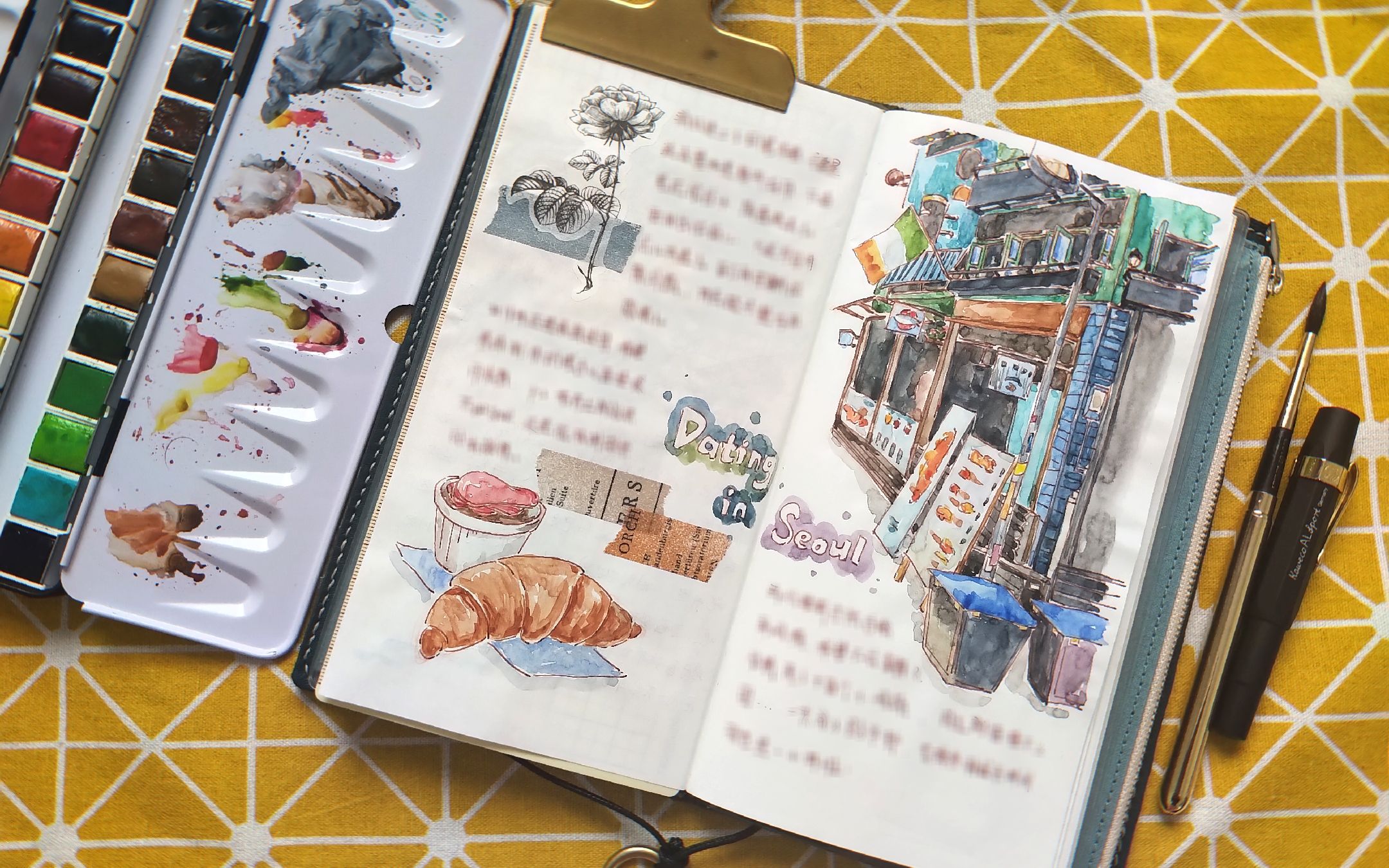 【sakaris trip】首尔旅行梨泰院街景水彩手帐钢笔淡彩过程——手绘