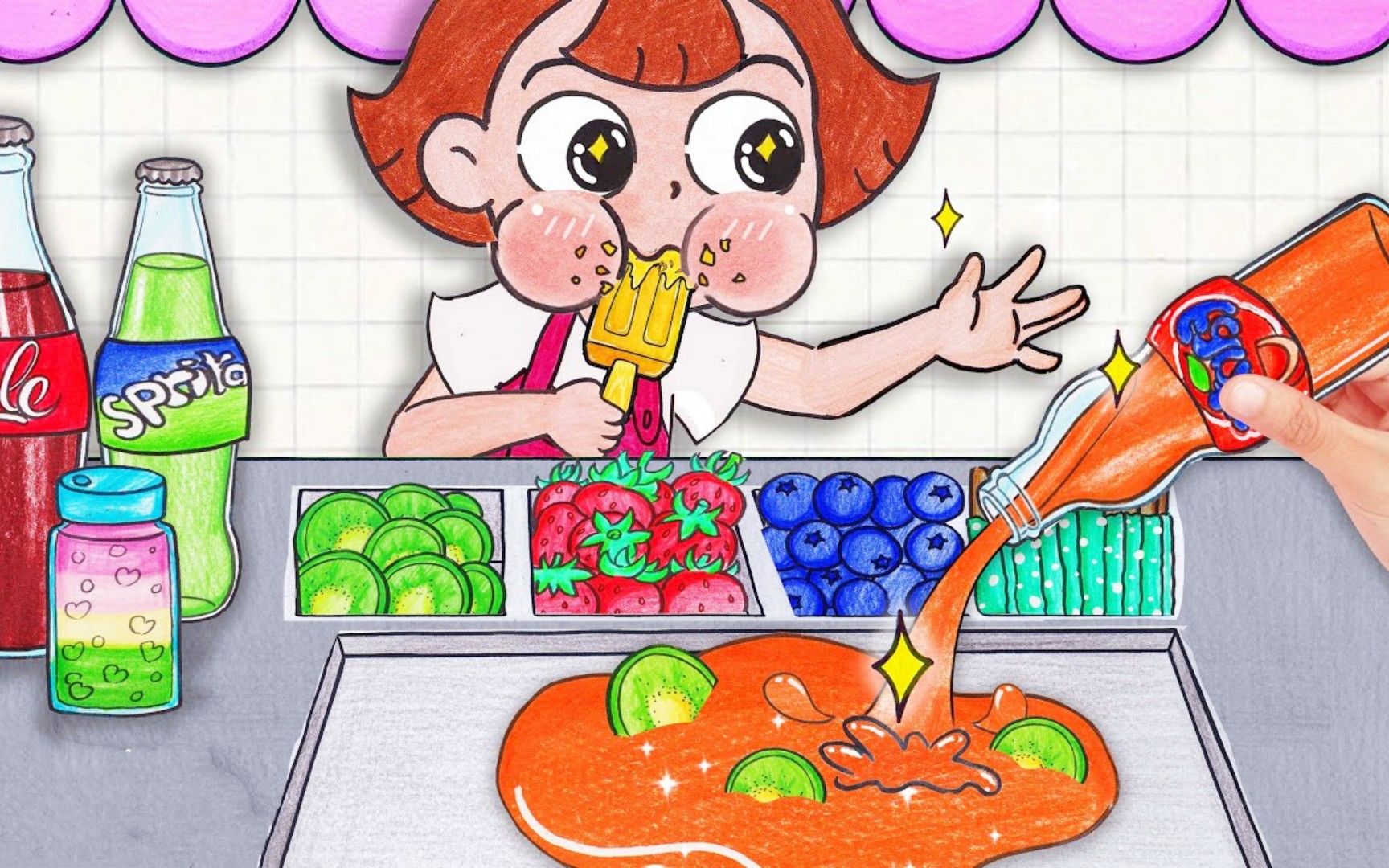 趣味定格动画:制作苏打水口味的炒酸奶,吃货朵朵馋的口水直流!