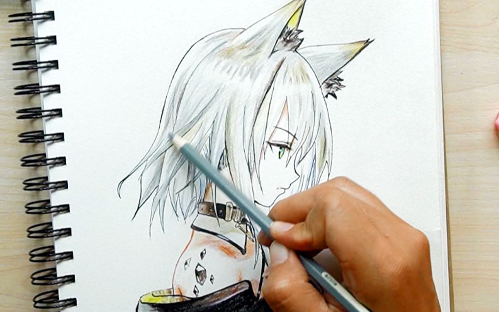 彩铅手绘明日方舟人物凯尔西彩铅绘画过程9月爆肝挑战手绘勾线上色