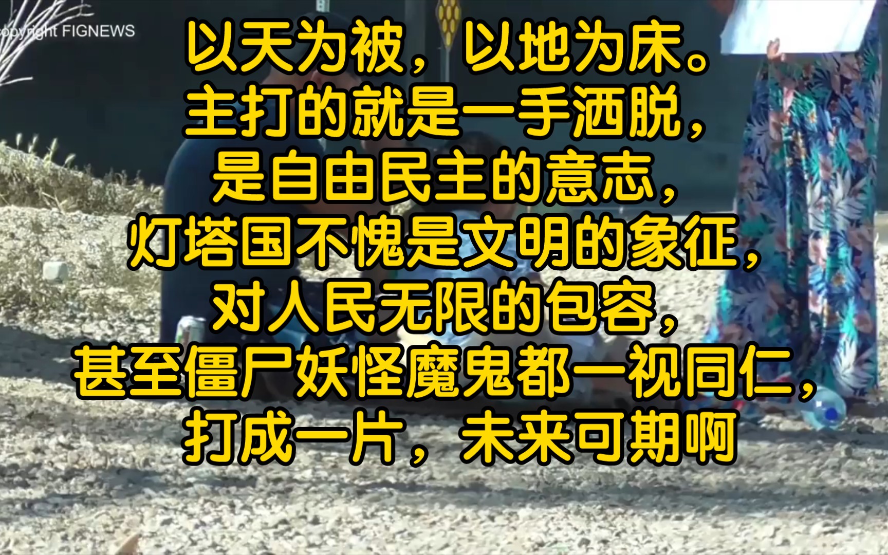 [图]以天为被，以地为床。主打的就是一手洒脱，是自由民主的意志，灯塔国不愧是文明的象征，对人民无限的包容，甚至僵尸妖怪魔鬼都一视同仁，打成一片，未来可期啊