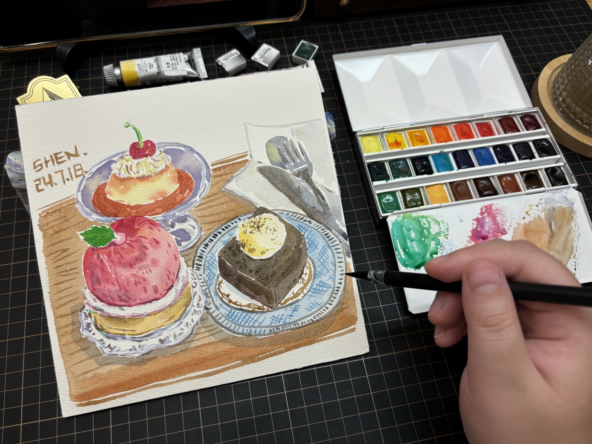 水彩速写 下午茶夏日桃桃挞 绘画过程
