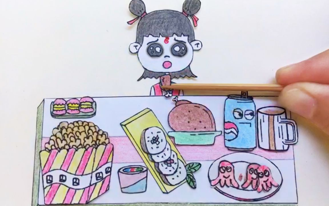 手绘定格动画哪吒转型当吃播看到一桌子美食高兴坏了