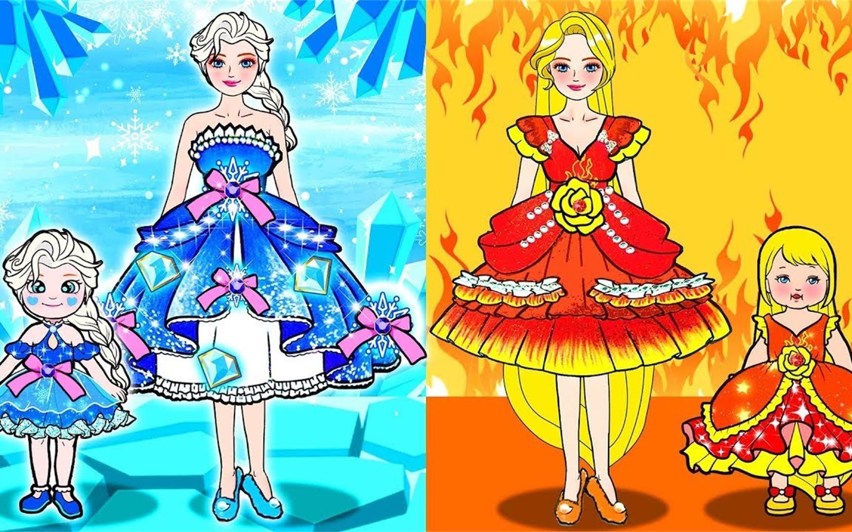纸娃娃动画:冰火挑战,长发火焰钻石裙vs艾莎冰晶闪光裙,谁更美