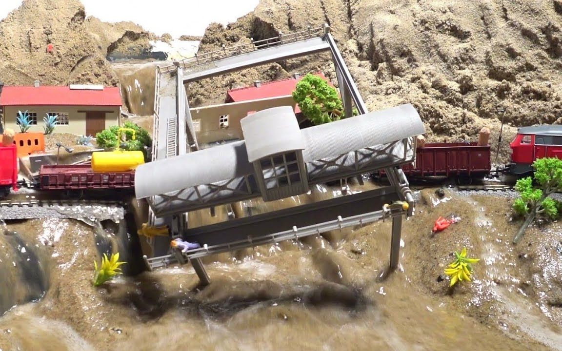 儿童乐高玩具洪水把新修建的电厂冲垮工程车如何抢救呢